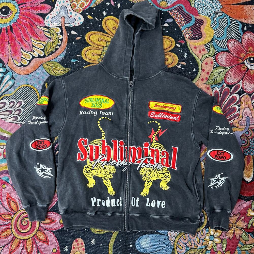 Pacsun Subliminal Racing Embroidered Full Zip Hoodie Jacket Grunge Skater M